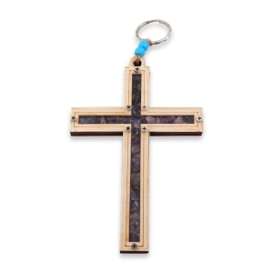 Wooden Latin Cross Wall Hanging with Natural Stones from the Holy Land