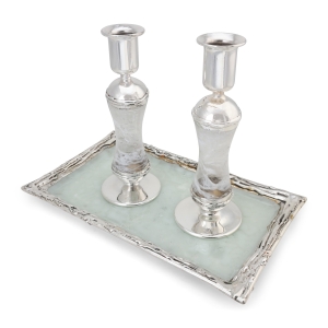 Grand Handcrafted Sterling Silver-Plated Glass Sabbath Candlesticks (White)