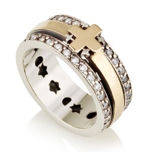 Emuna Studio Sterling Silver and 9K Gold Wide Jerusalem Cross Spinner Ring with CZ Borders