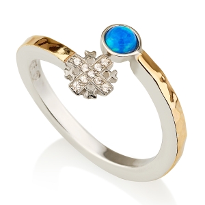 Emuna Studio Sterling Silver 9K Gold Jerusalem Cross Wraparound Ring with Blue Opal and CZ