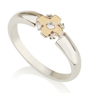 Emuna Studio Sterling Silver and 9K Gold Jerusalem Cross Purity Ring with CZ Center Stone