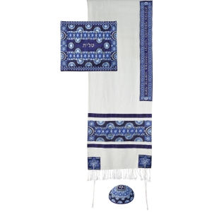 Yair Emanuel Embroidered Cotton and Raw Silk Tallit Prayer Shawl Set with Stars of David and Semicircle Design (Blue)