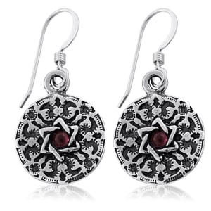 Sterling Silver Circle Star of David Earrings with Turquoise / Garnet Stone - Shema Yisrael