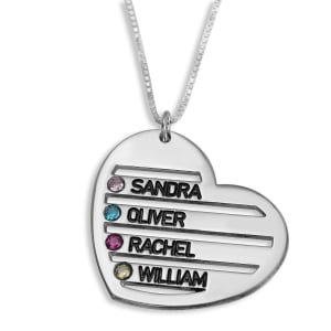 Sterling Silver English/Hebrew Heart Necklace For Mom (Up to Four Names)