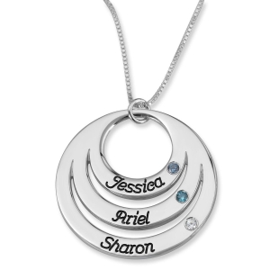 Sterling Silver Open Disk Mom Name Necklace With Birthstones (Hebrew/English)