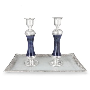 Tall Handcrafted Sterling Silver-Plated Dark Blue Glass Sabbath Candlesticks