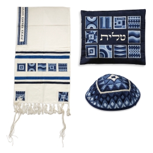 Yair Emanuel Embroidered Tallit Prayer Shawl Set With Blue Square Patterns