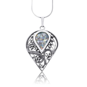 Roman Glass and Sterling Silver Teardrop Necklace