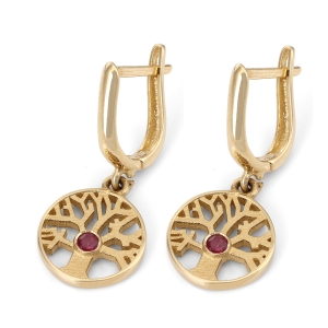 14K Gold Tree of Life Earrings with Rubies
