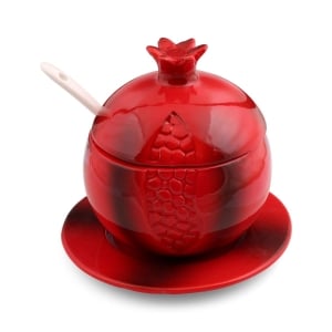 Red Ceramic Pomegranate Honey Dish with Spoon and Saucer