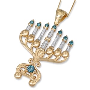 14K Gold Luxurious Menorah White and Blue Diamond Necklace