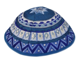Yair Emanuel Embroidered Silk Kippah with Geometric Design (Blue)