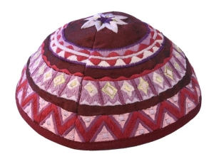 Yair Emanuel Embroidered Silk Kippah with Geometric Design (Burgundy)