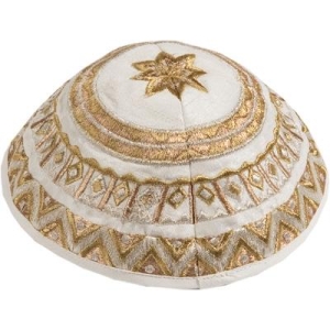 Yair Emanuel Embroidered Silk Kippah with Geometric Design (White and Gold)