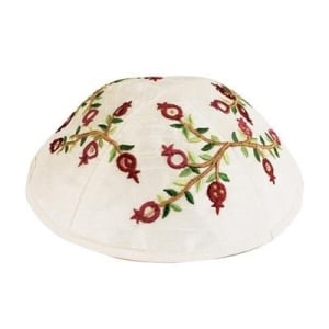 Yair Emanuel White Silk Embroidered Kippah with Pomegranates (Red)