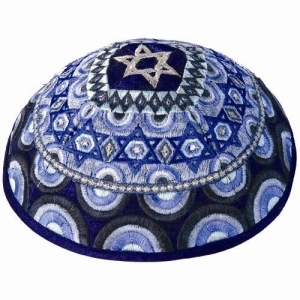 Yair Emanuel Embroidered Raw Silk Kippah with Stars of David (Blue)