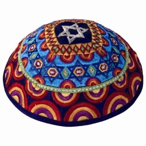 Yair Emanuel Embroidered Raw Silk Kippah with Stars of David (Multicolored)