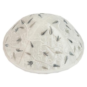 Yair Emanuel Embroidered Silk Kippah with Flower Design (White and Silver)