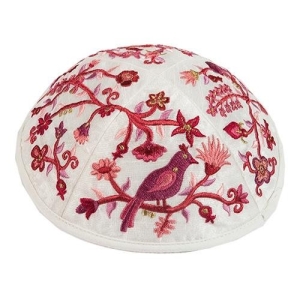 Yair Emanuel Embroidered Silk Kippah with Birds and Flowers (Red)