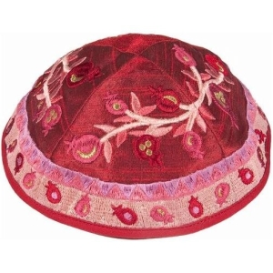 Yair Emanuel Embroidered Silk Kippah with Pomegranates (Red)
