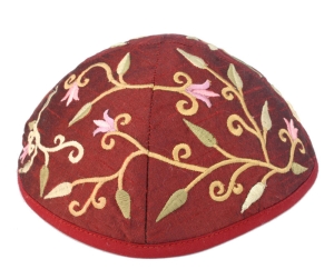 Yair Emanuel Embroidered Silk Kippah with Flower Design (Burgundy)