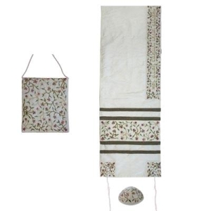 Yair Emanuel Poly Silk Floral Embroidered Prayer Shawl Set with Tallit Shoulder Bag (White)