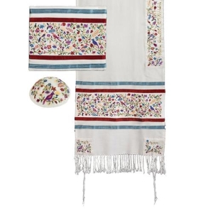 Yair Emanuel Women's Embroidered Raw Silk Tallit Prayer Shawl Set with Birds and Flowers Design (Multicolored)