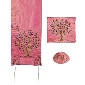 Yair Emanuel Embroidered Poly Silk Tallit (Prayer Shawl) Set With Tree of Life Design (Pink)