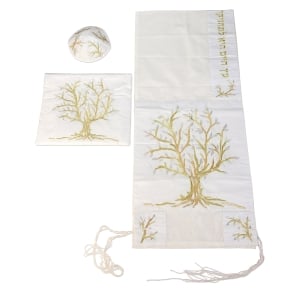 Yair Emanuel Embroidered Poly Silk Tallit Prayer Shawl Set with Tree of Life Design (Gold)