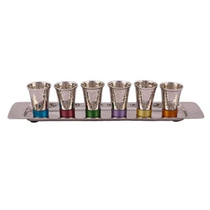 Yair Emanuel Set of 6 Textured Nickel Communion Cups With Tray (Silver or Rainbow)
