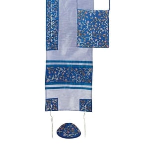 Yair Emanuel 'Tallisack' Blue Embroidered Floral Prayer Shawl Set with Matching Bag & Kippah