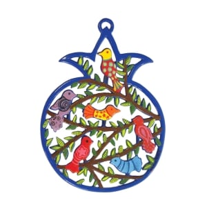  Yair Emanuel Hand Painted "Forest Birds" Pomegranate Wall Hanging