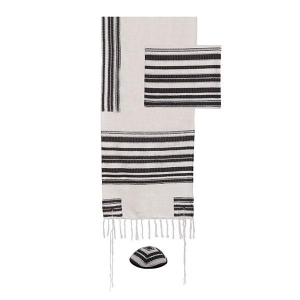 Yair Emanuel Hand-Woven Black Stripes Prayer Shawl (Tallit) with Matching Bag & Kippah