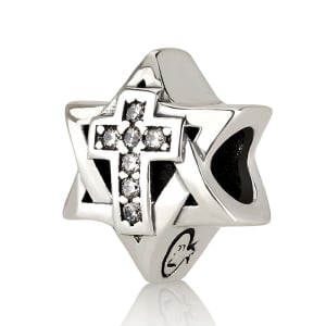 Emuna Studio Rhodium Plated Silver Star of David Cross Bead Charm with CZ Accents