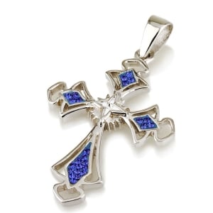 Rhodium Plated Sterling Silver Ornate Star of Bethlehem Cross Necklace with Blue Gemstones 