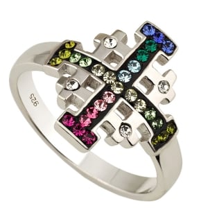 Rhodium Plated Sterling Silver Jerusalem Cross Ring with Rainbow Gemstones
