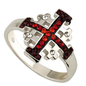 Rhodium Plated Sterling Silver Jerusalem Cross Ring with Red Gemstones
