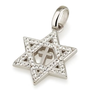 Rhodium Plated Sterling Silver Messianic Star of David Necklace with Cross and White Gemstones
