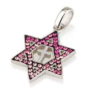 Rhodium Plated Sterling Silver Messianic Star of David Necklace with Cross and Pink Gemstones
