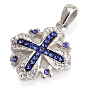 Rhodium Plated Sterling Silver Jerusalem Cross Pendant with Crystal Stones (Choice of Colors)