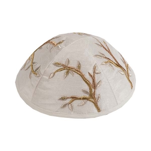 Yair Emanuel Embroidered Silk Kippah with Olive Branch Design (Gold on White)