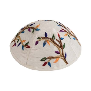 Yair Emanuel Embroidered Silk Kippah with Olive Branch Design (Multicolored on White)