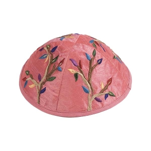 Yair Emanuel Embroidered Silk Kippah with Olive Branch Design (Multicolored on Pink)