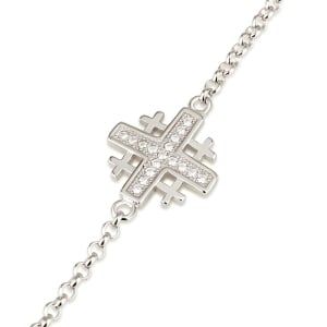 Emuna Studio Rhodium Plated Silver Channel-Set Jerusalem Cross Bracelet with CZ