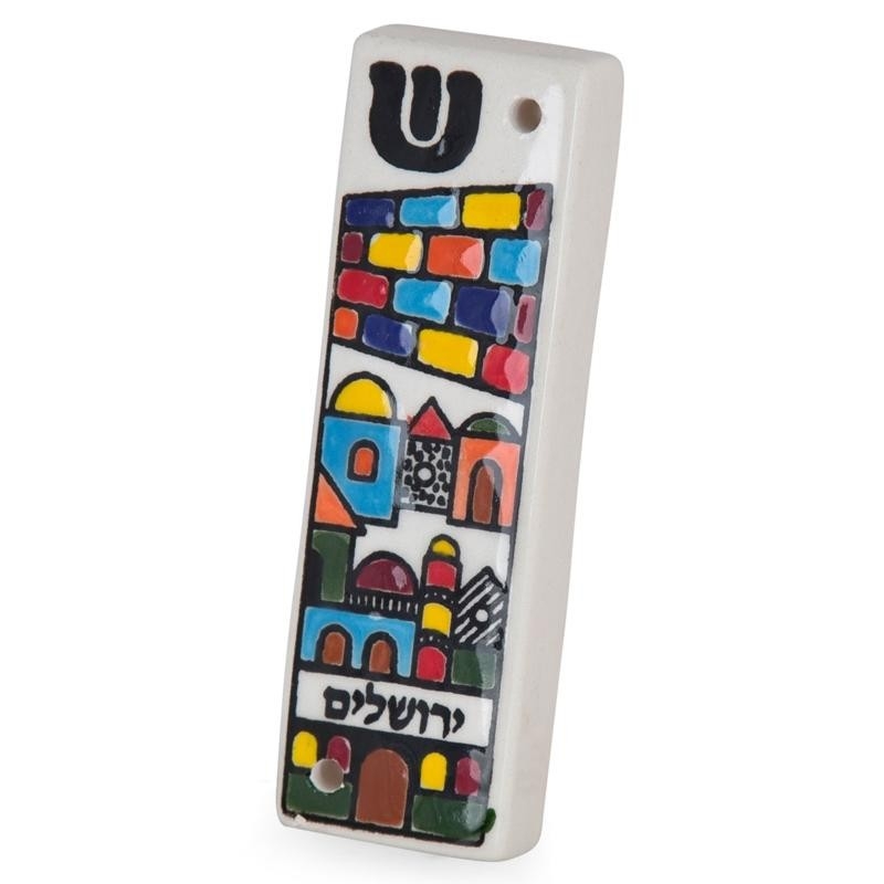 Armenian Ceramic Hand Painted Mezuzah Case with Colorful Jerusalem Design (Choice of Sizes) - 1