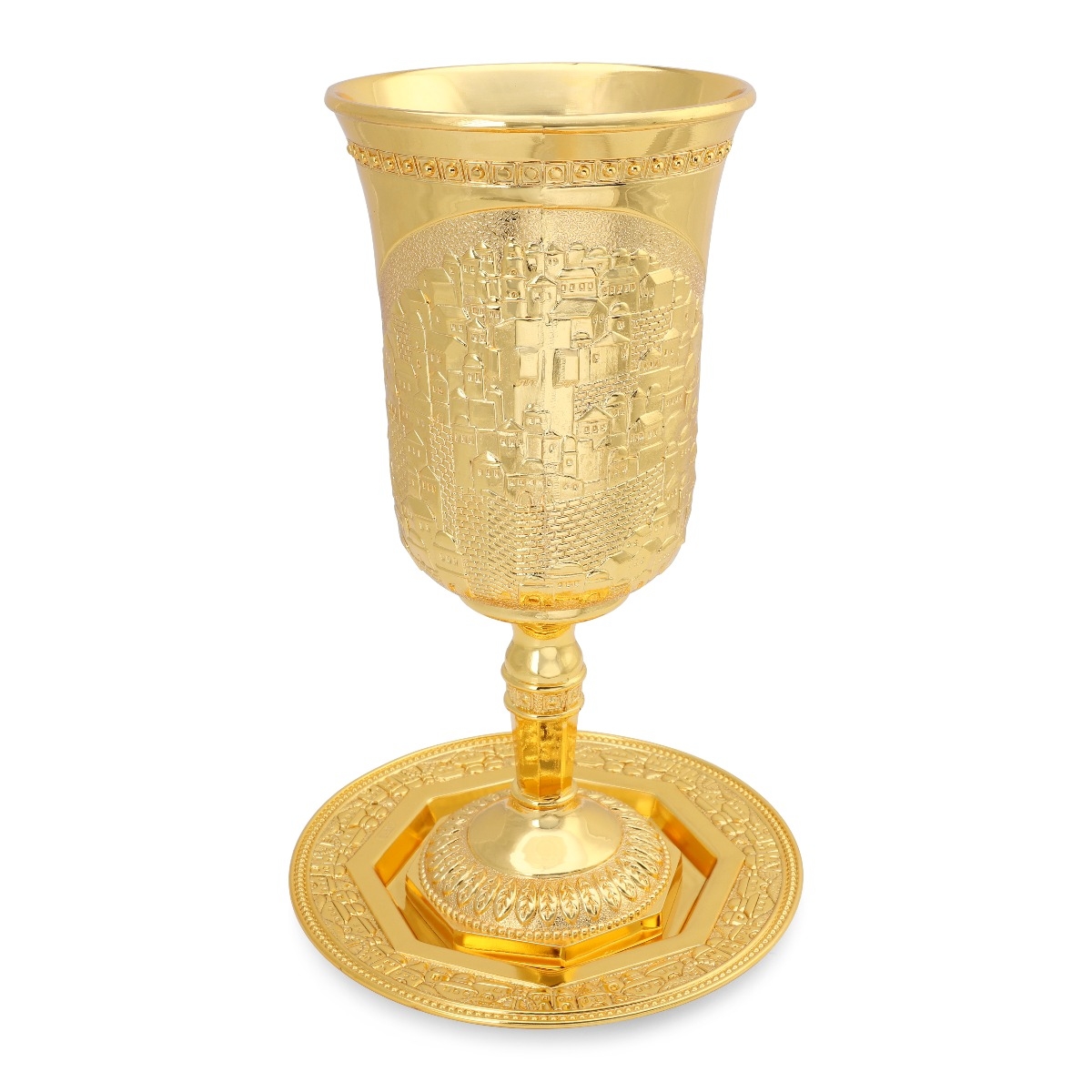 Gold-Plated Elijah's Cup With Jerusalem Motif and Saucer - 1