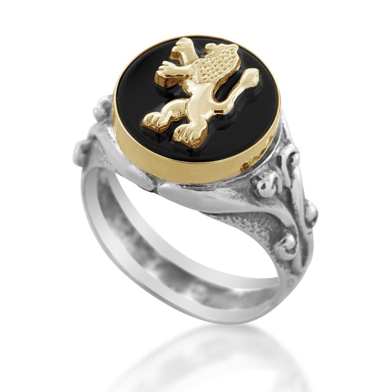 9K Gold and Sterling Silver Lion of Judah Ring with Onyx Stone  - 1