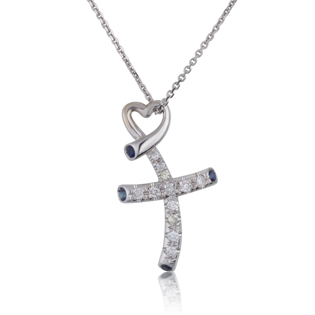 14K White Gold Cross and Heart Pendant With Diamonds and Sapphire - 1