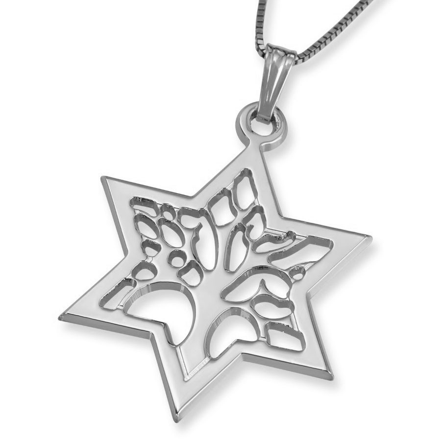 14K White Gold Star of David Pendant with Tree of Life - 1