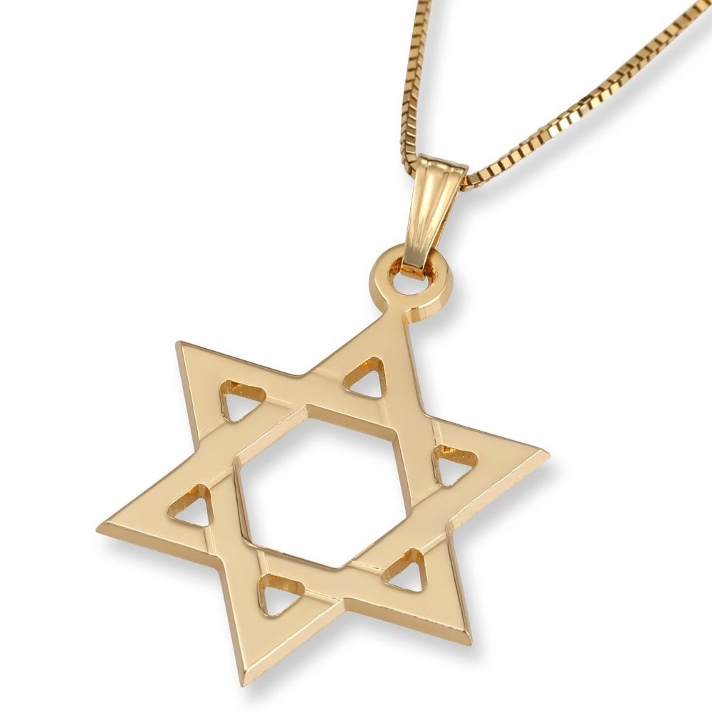 14K Gold Star of David Pendant With Grooved Design - 1